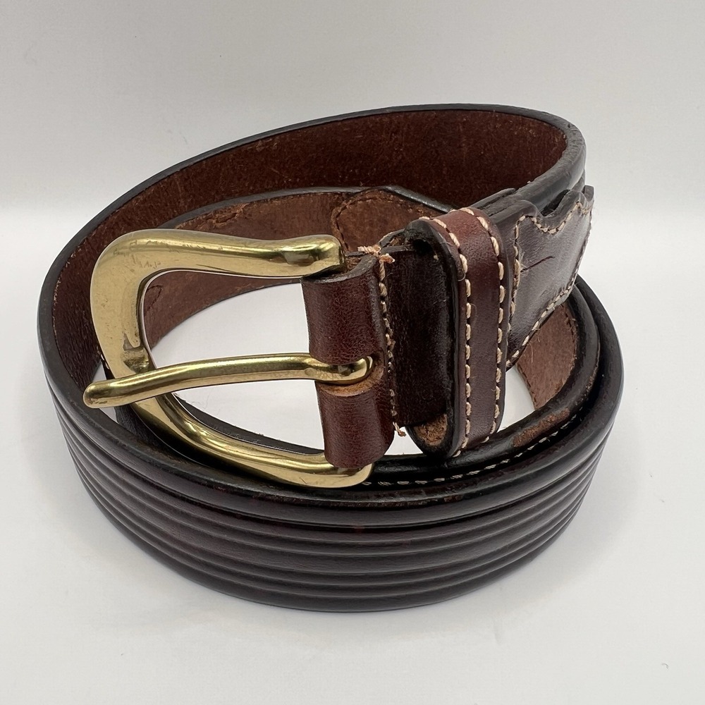 Perry Ellis Italian Vegetable Leather Belt Brass Buckle 32 Brown Ribbed Western